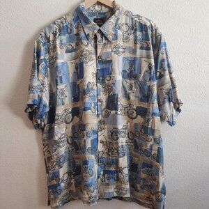 Harley-Davidson Shirt Mens XL Blue Tan Hawaiian Aloha Motorcycle Print Made USA